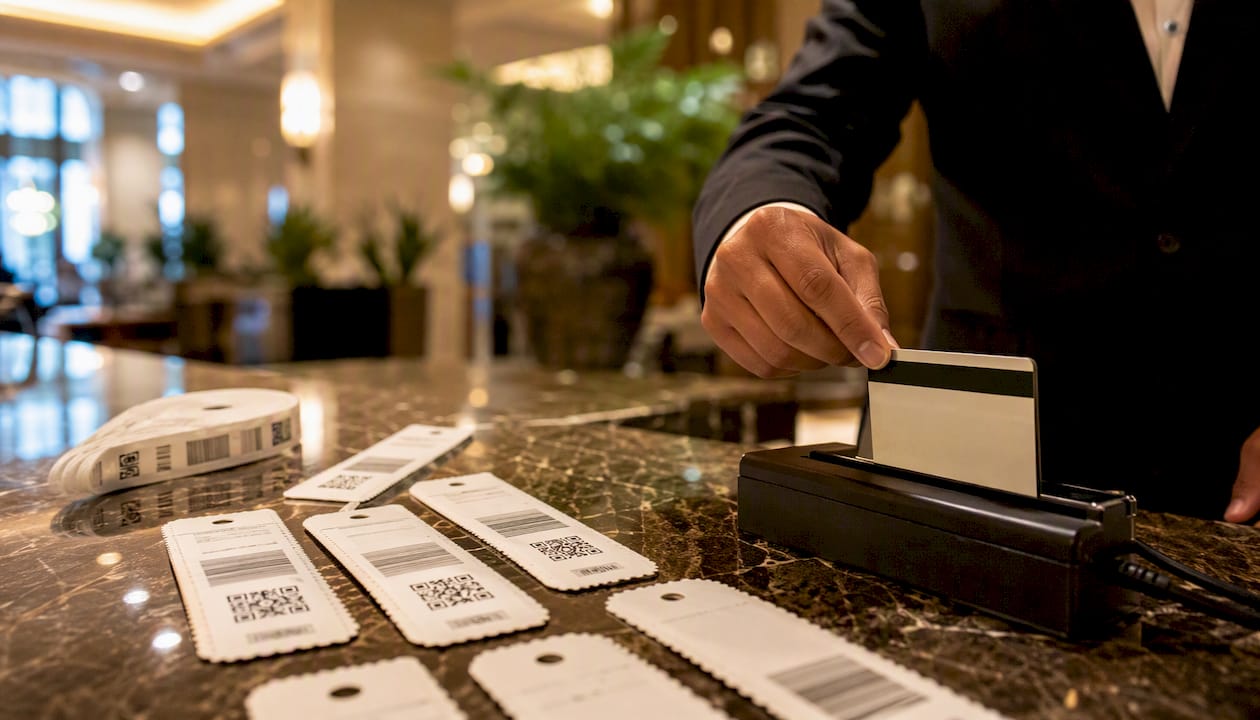 Close-up of numbered luggage claim tickets with barcode
