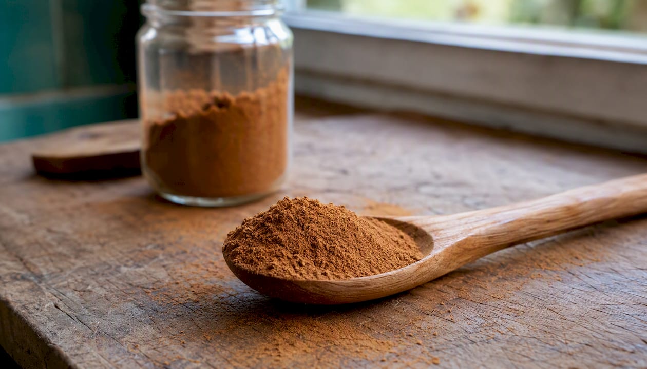 Rustic wooden spoon with ground cinnamon