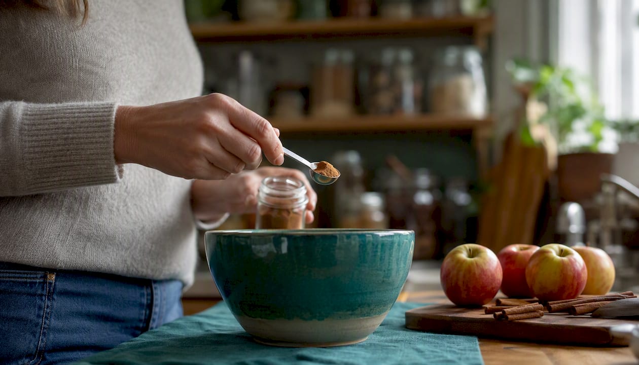 Hand measuring ground cinnamon into bowl