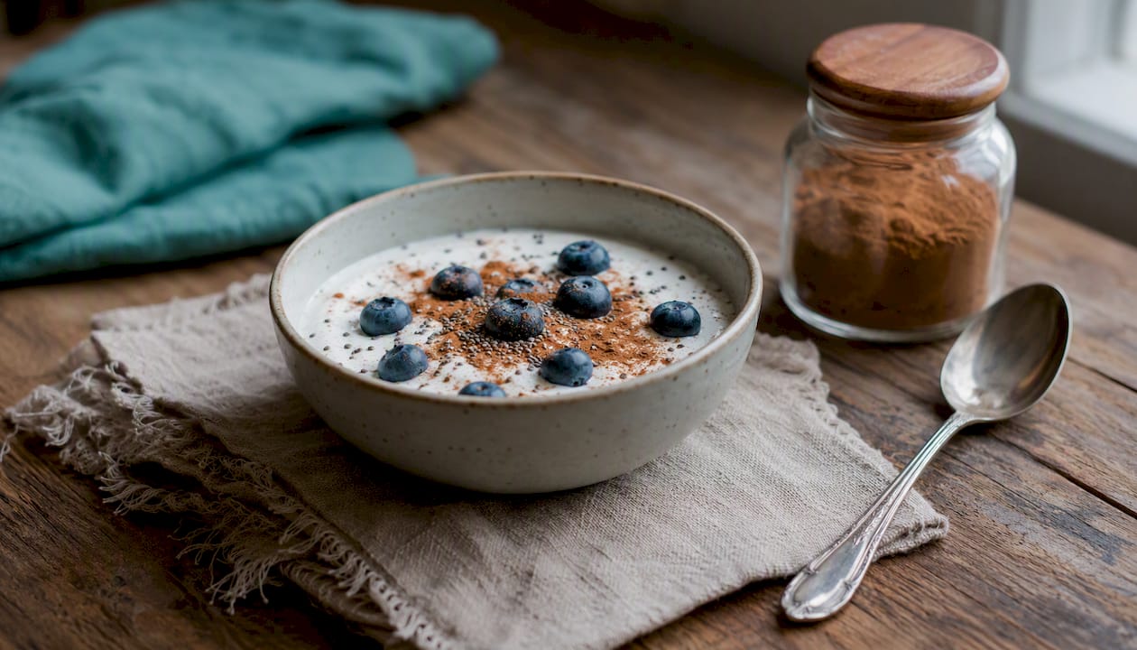 Bowl of cinnamon-spiced yogurt with blueberries