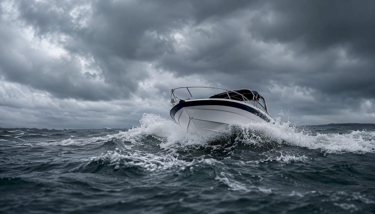 Small recreational boat in rough seas under gale conditions
