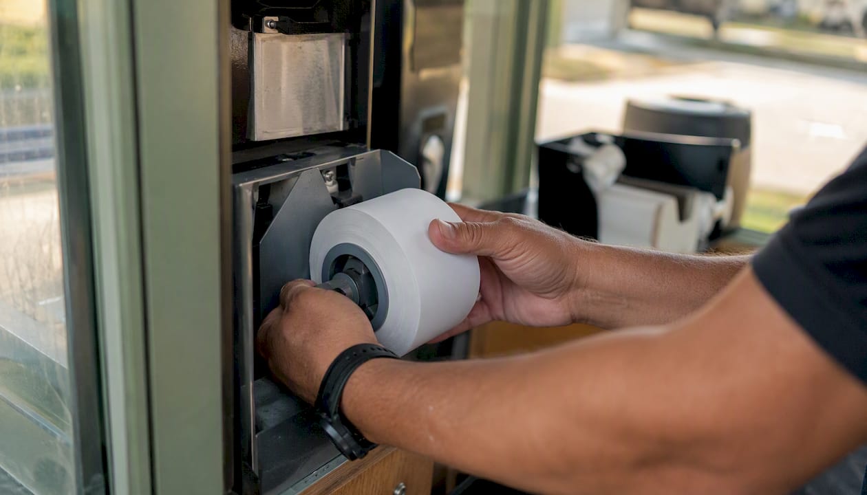 Hands loading Amano ticket roll onto dispenser