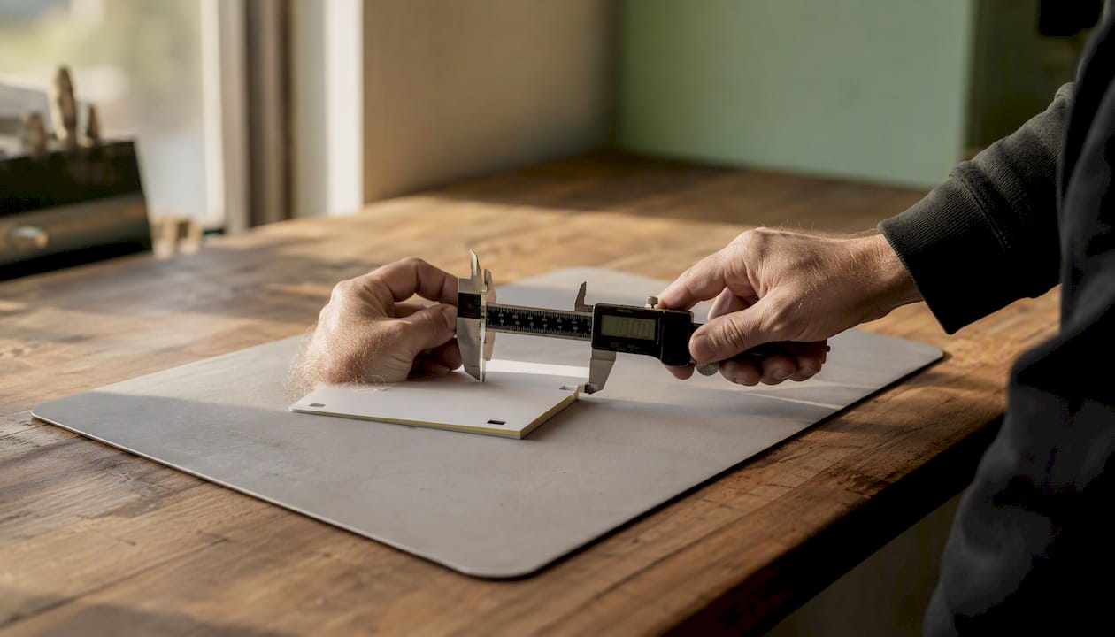 Hands measuring ticket thickness with calipers