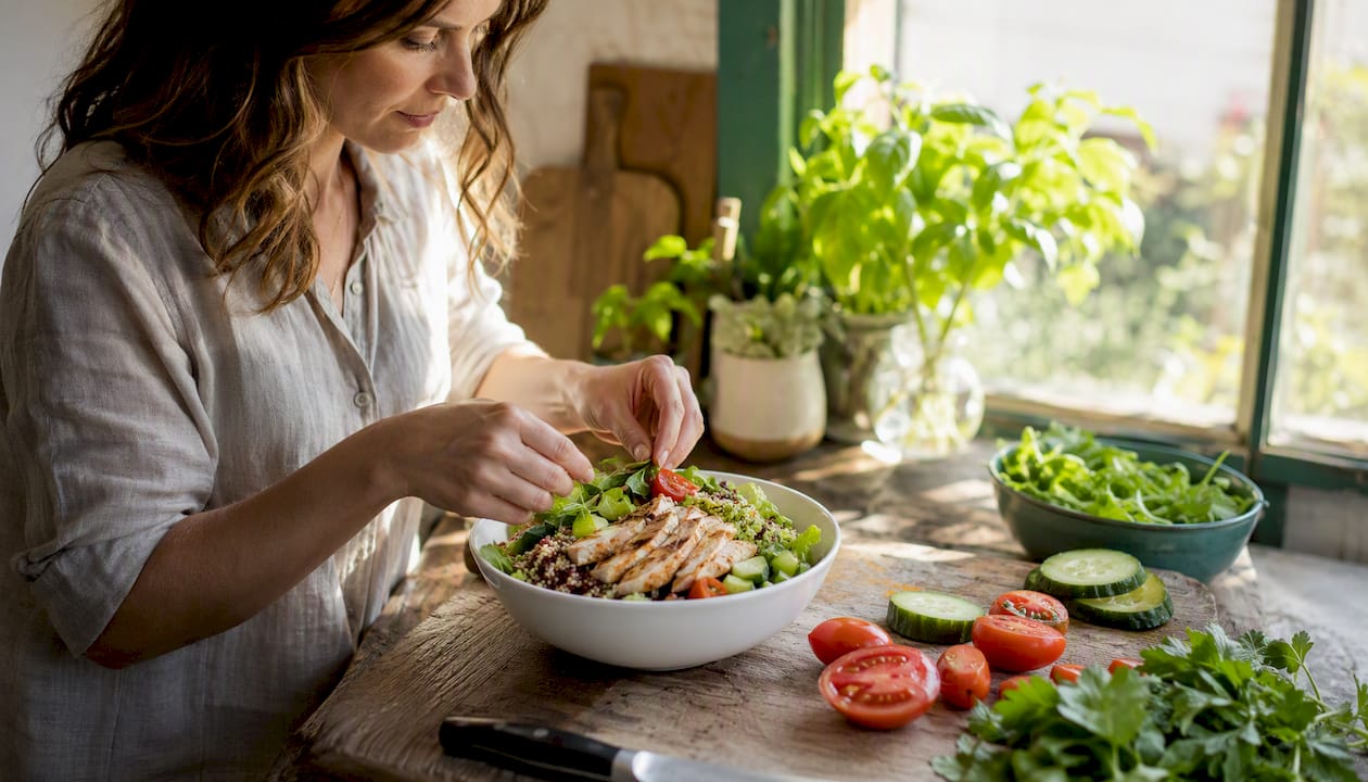 Hands plating a healthy lunch meal
