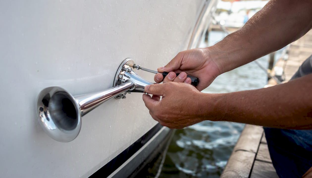 Close-up of boat horn installation