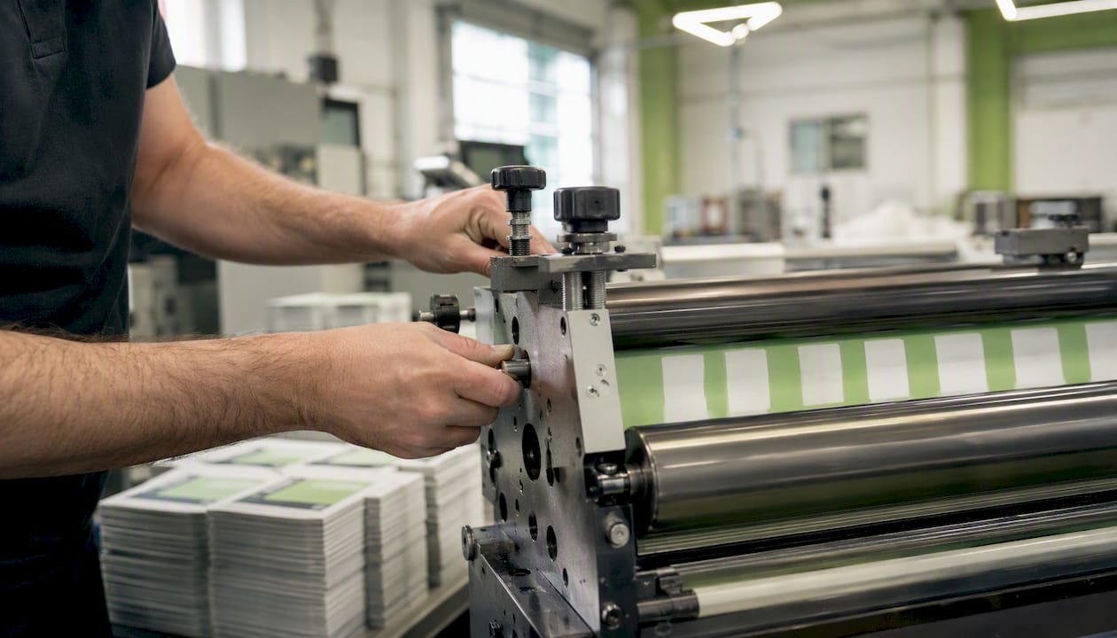 Hands adjusting printing press for parking tickets