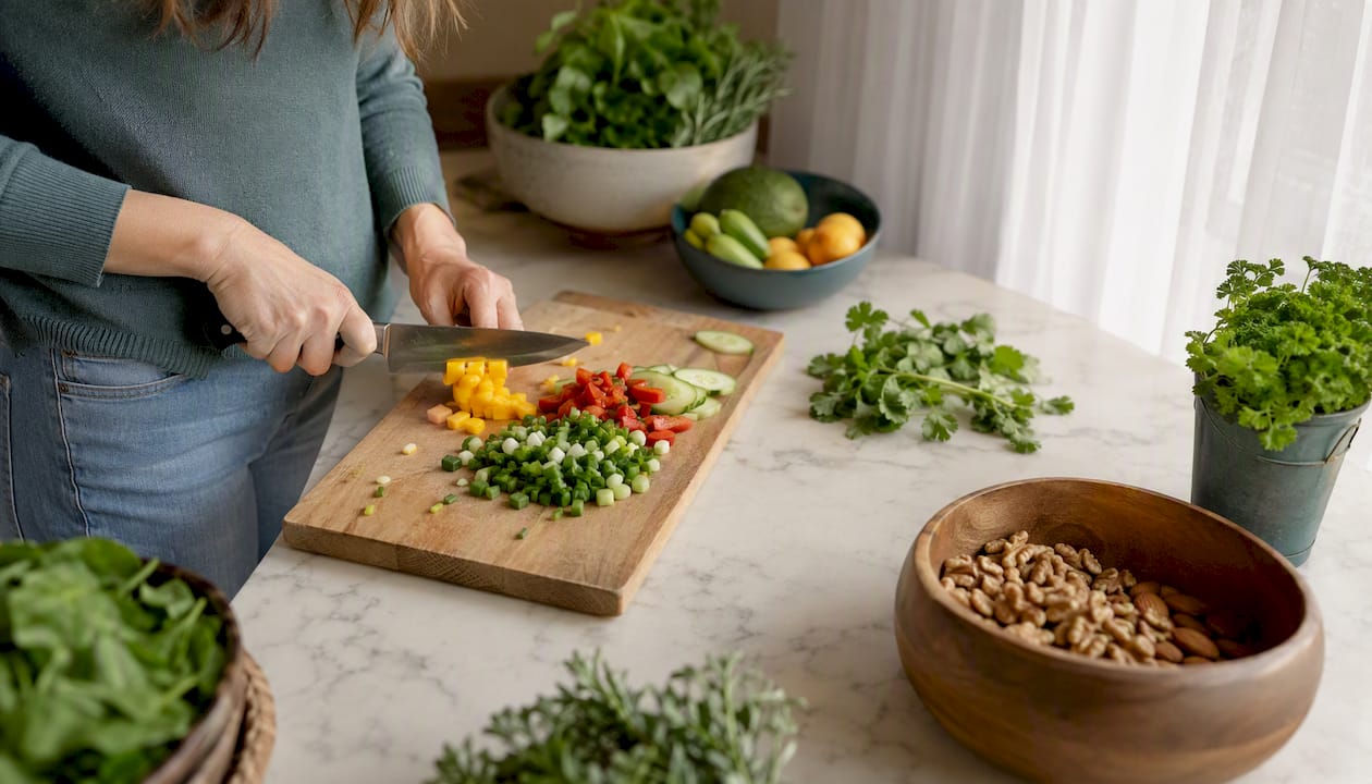 Hands preparing fresh vegetables in home kitchen