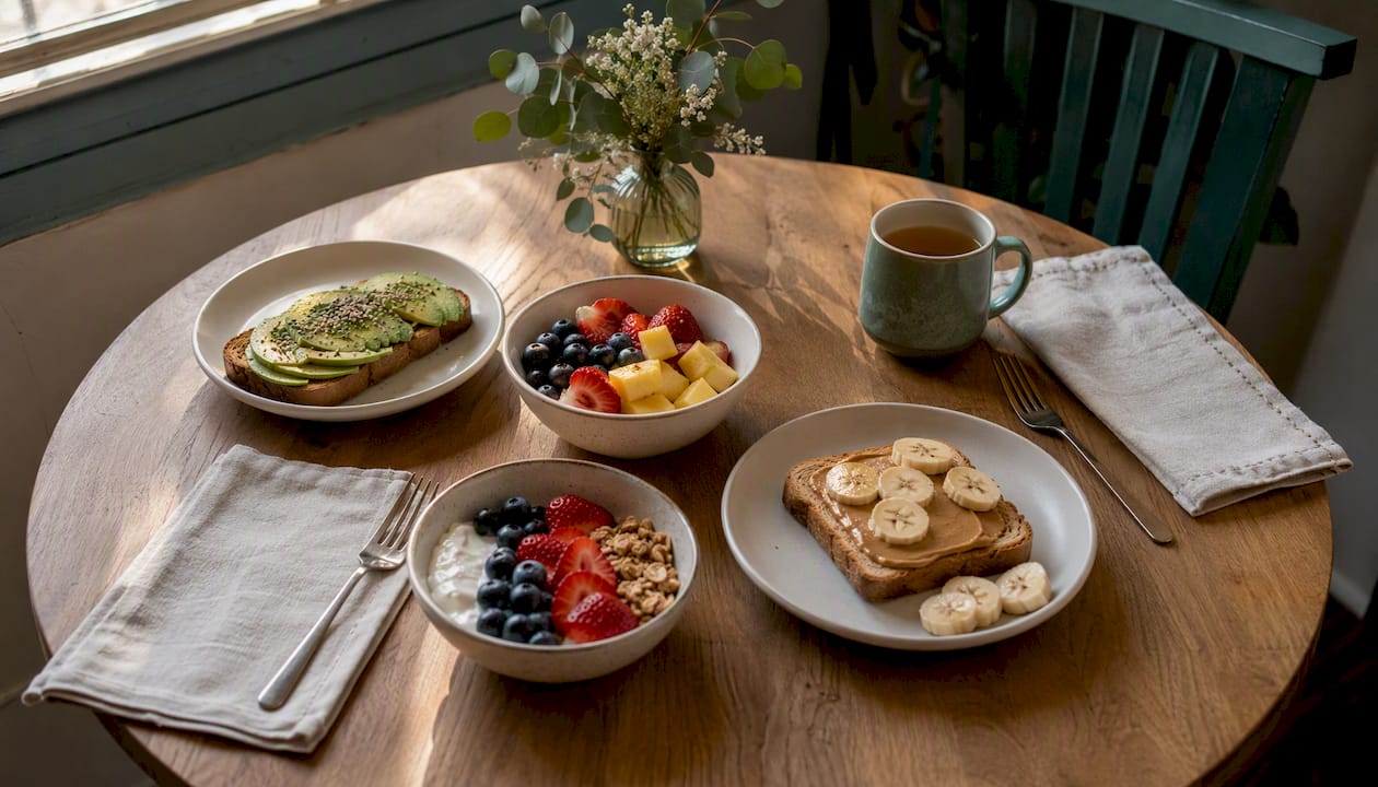 Calm family dining table with healthy meal and no screens