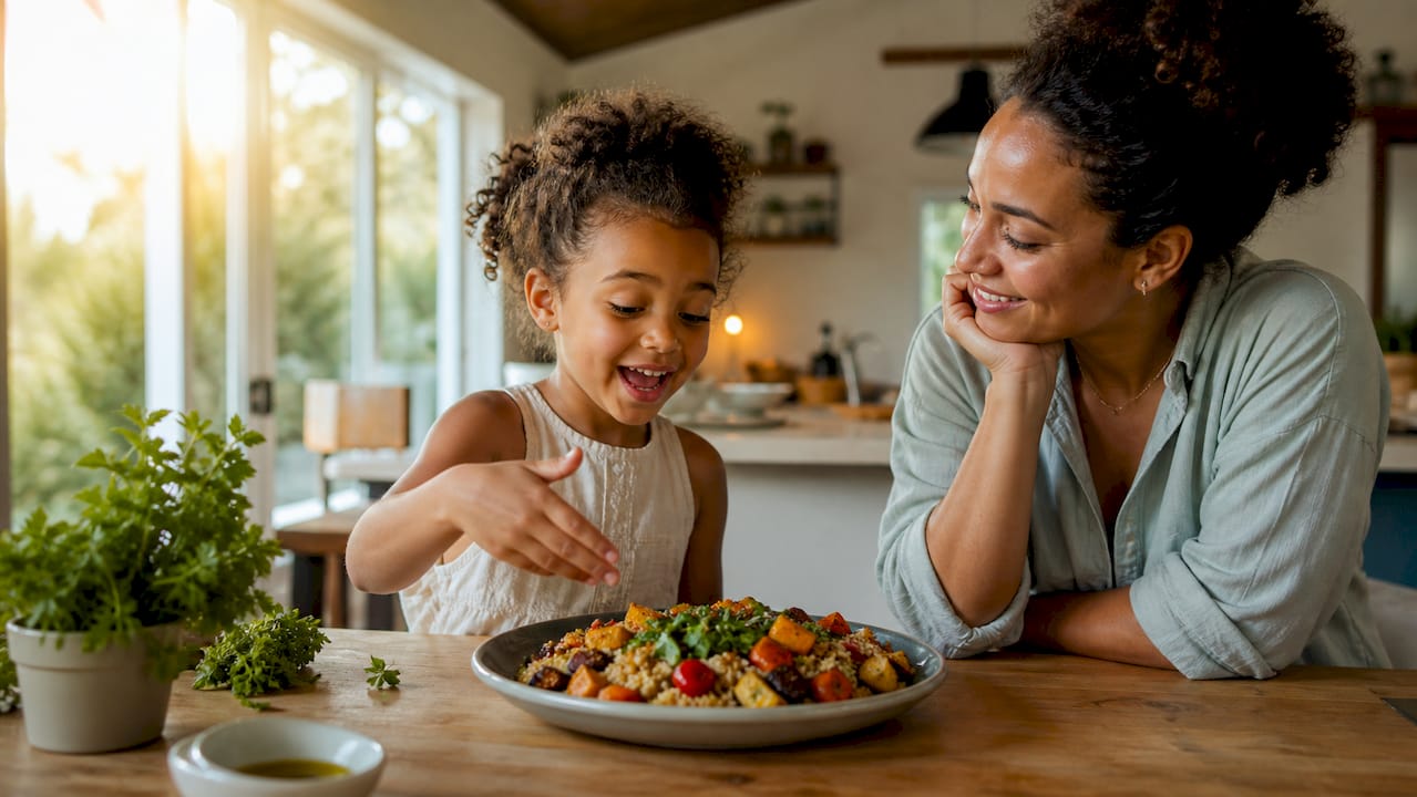 Child naming a healthy meal at kitchen table