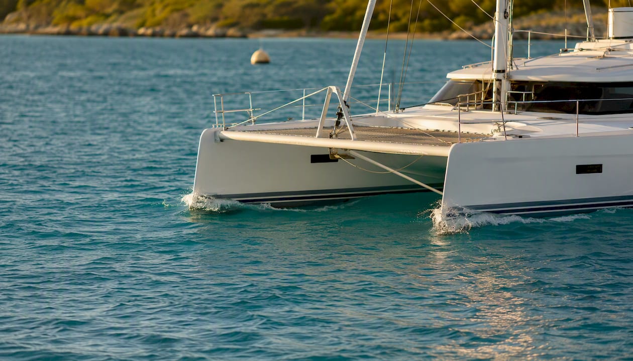 Twin-hull catamaran sailing on calm water