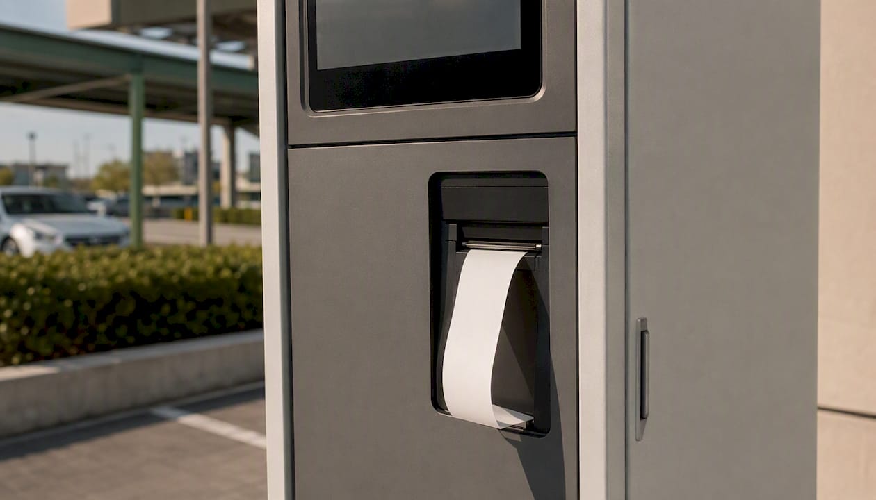 Close-up of thermal parking ticket roll in dispenser