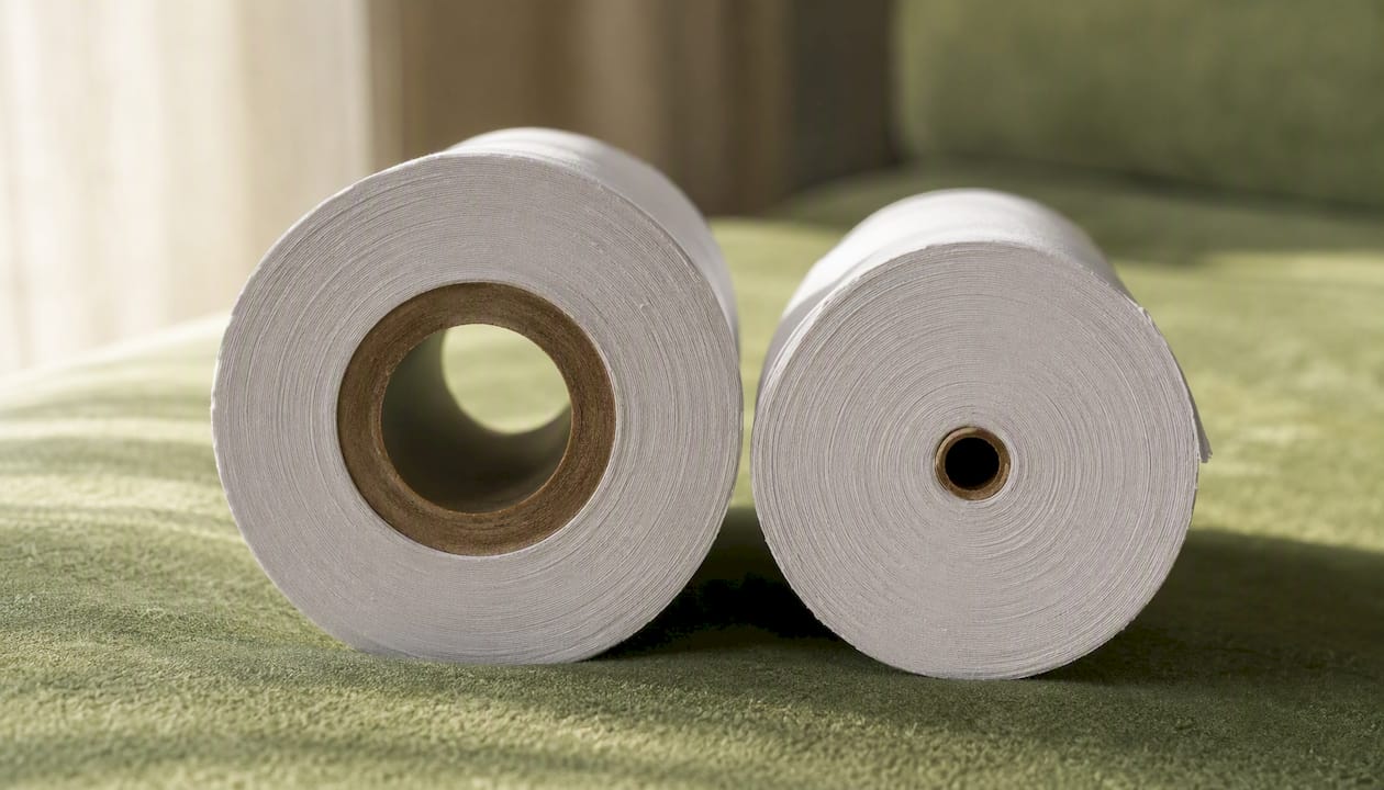 Close-up comparison of thermal ticket roll core sizes