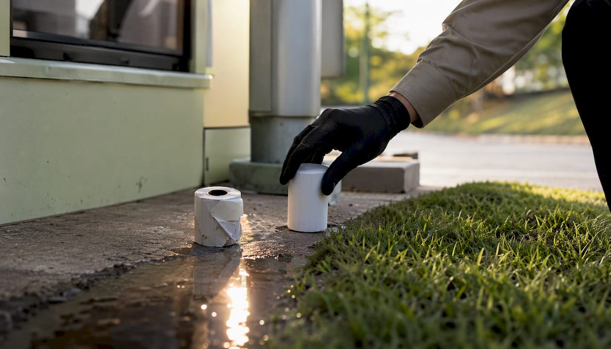 Hand handling thermal parking ticket roll outdoors with water droplet