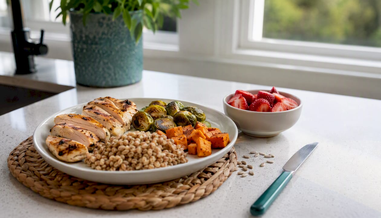 Balanced high-protein meal plate overhead