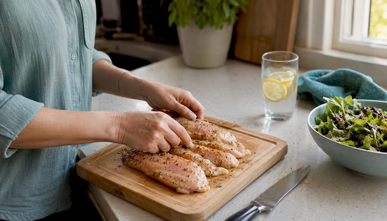 Hands preparing high-protein meal in kitchen