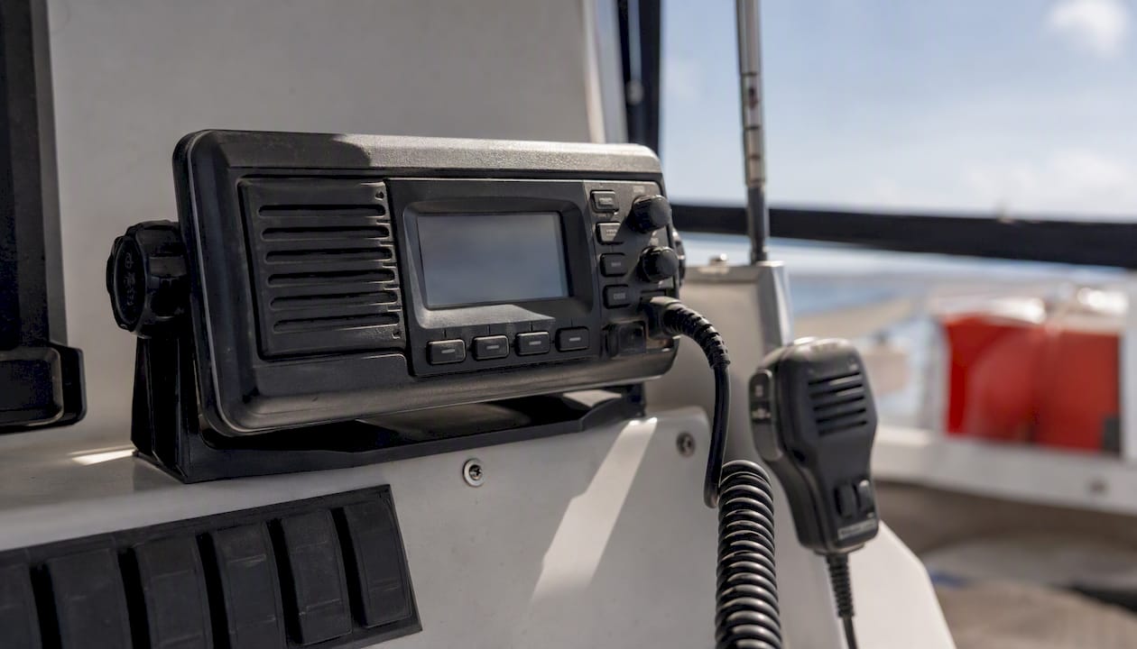 Marine VHF radio on boat console