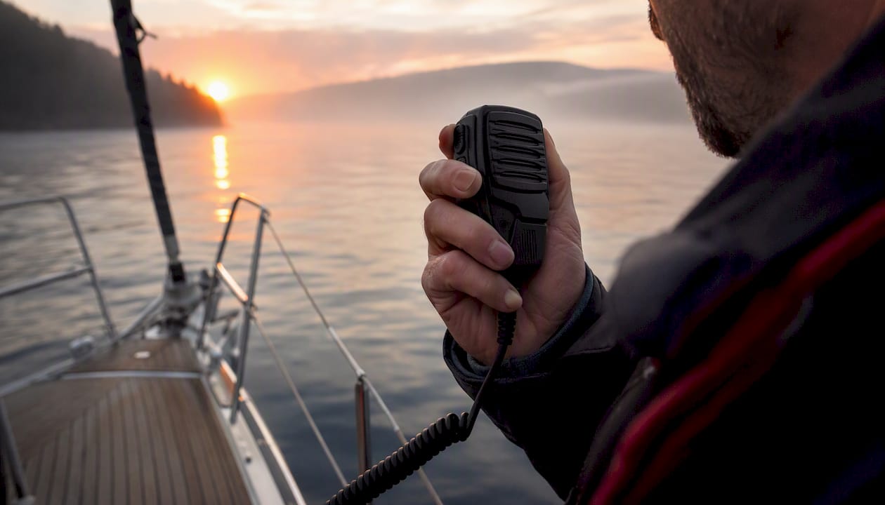 Hands using marine VHF radio handset