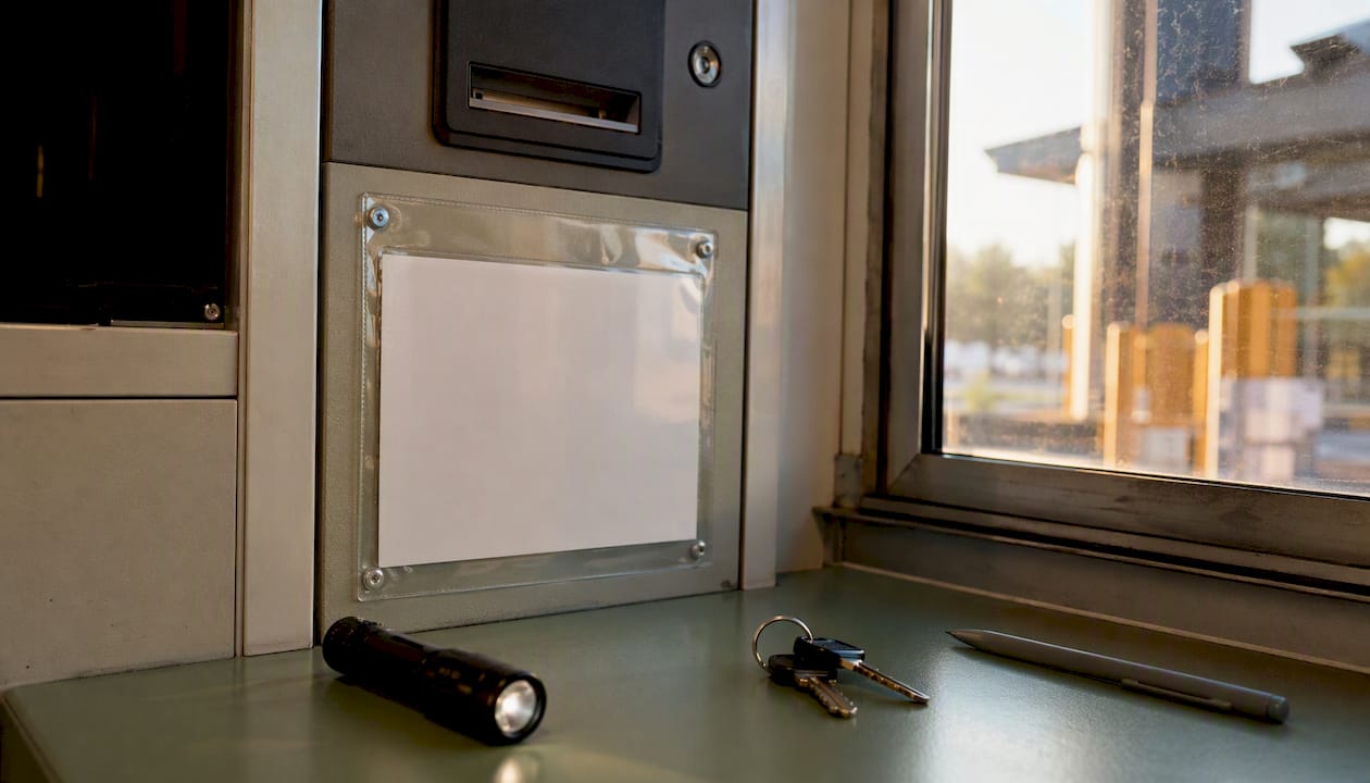 Quick reference card near ticket dispenser panel