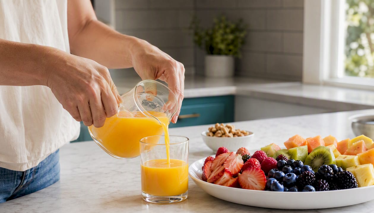 Hands pausing with water and fruit bowl