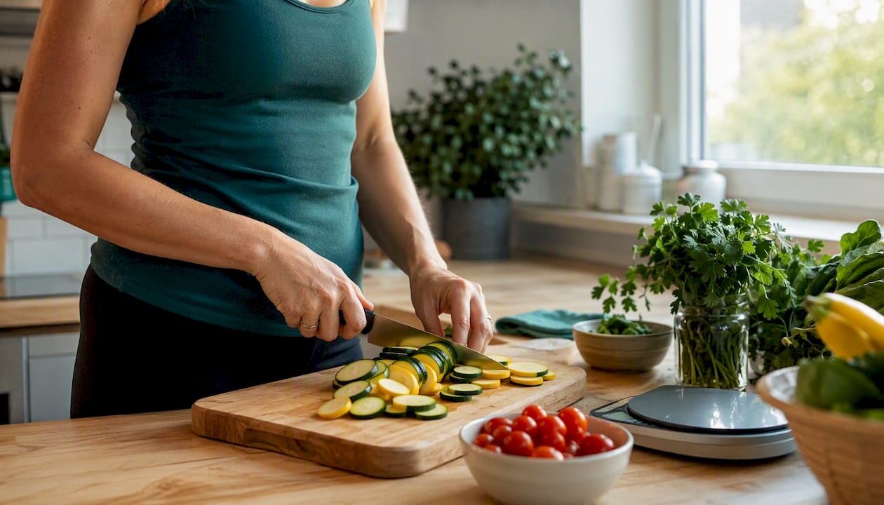 Hands chopping vegetables on kitchen counter