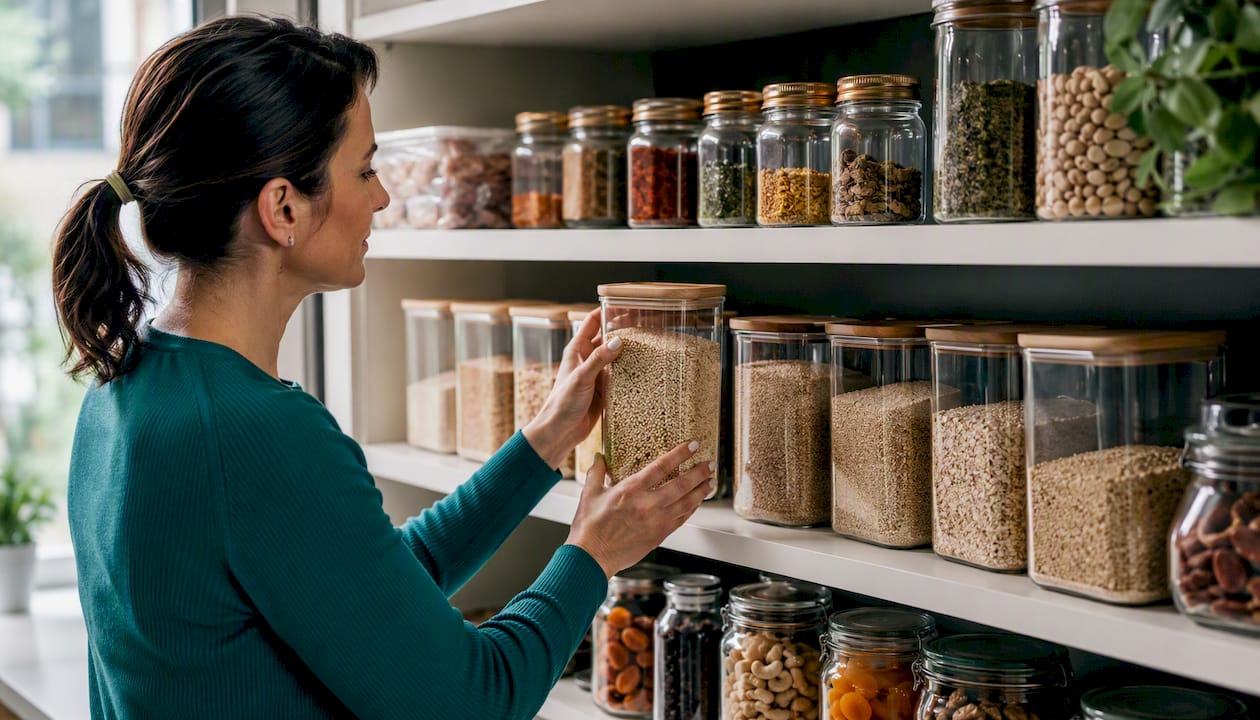 Organized pantry with quick-cooking ingredients