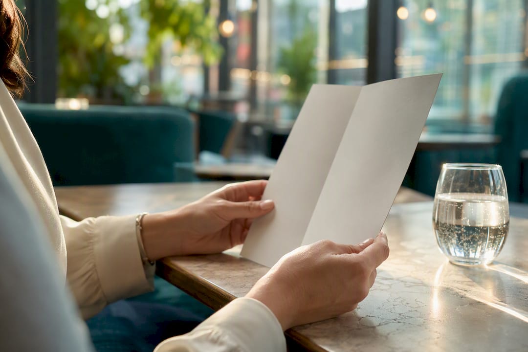 Hands holding blank restaurant menu thoughtfully