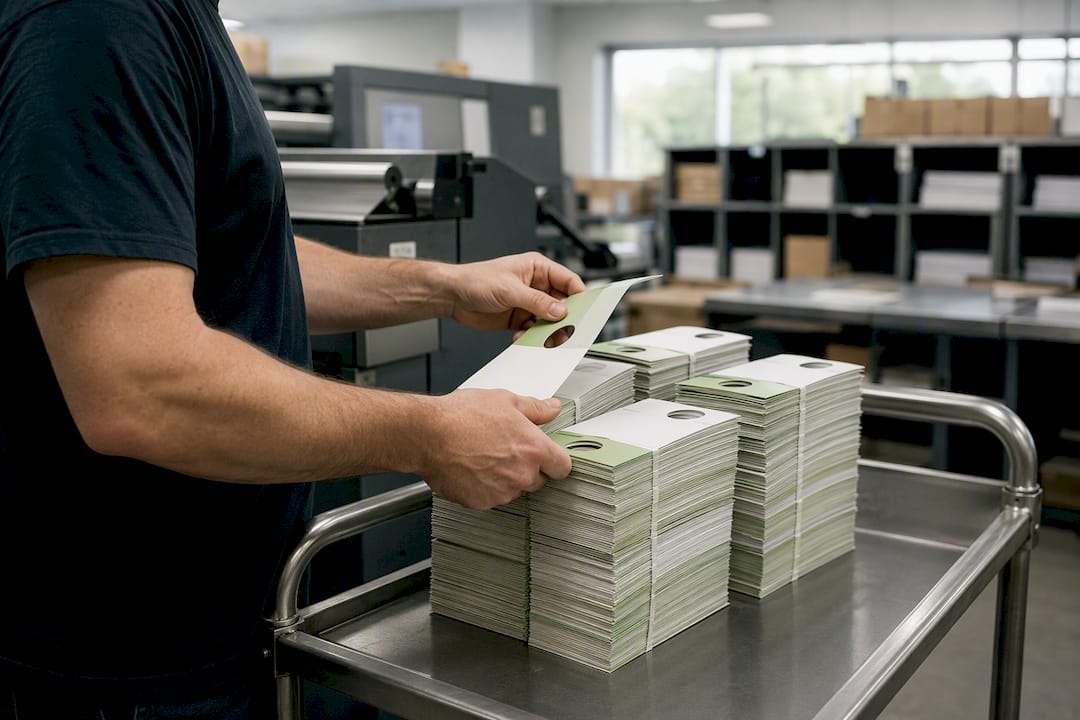 Hands loading printed parking permits onto tray