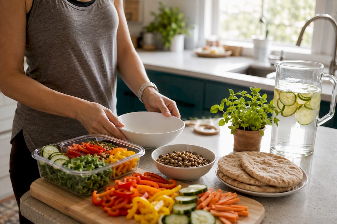 Hands preparing postpartum meal with chicken and veggies