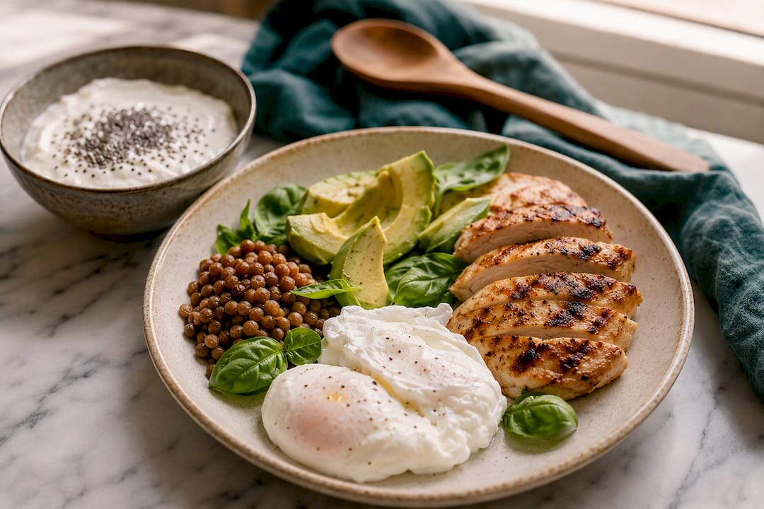 Selection of protein-rich foods on a table