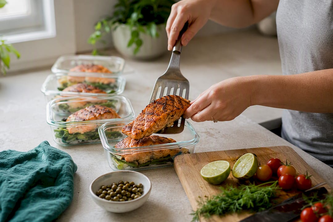 Hands portioning shredded chicken into meal prep containers
