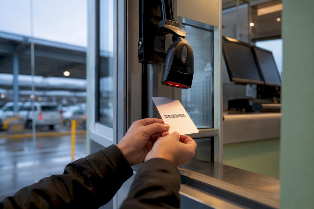 Hands scanning linear barcode parking ticket in stadium booth