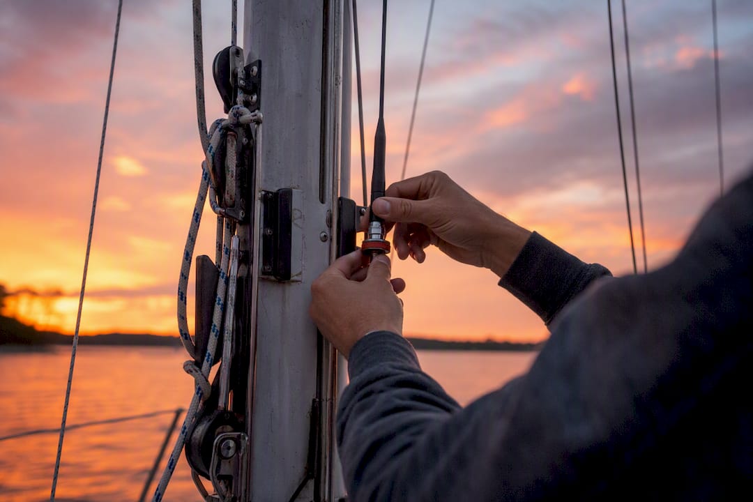 Hands installing marine radio whip antenna on mast