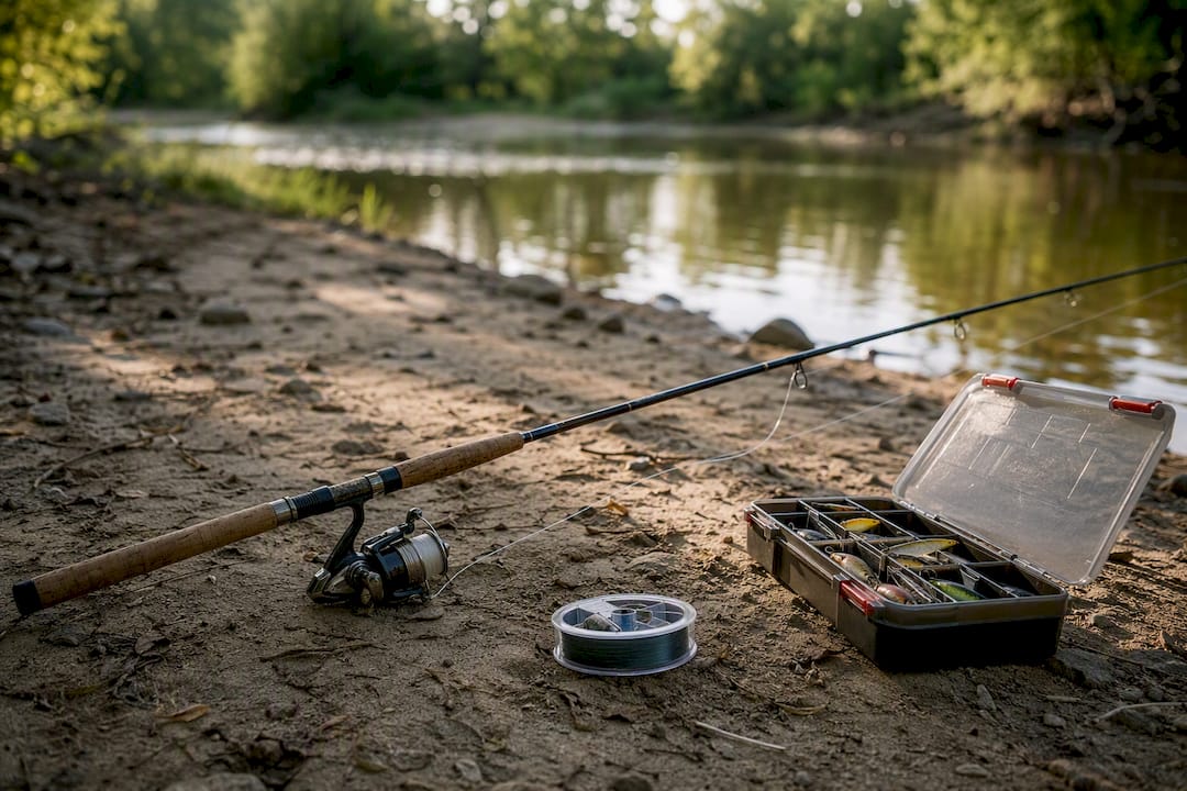 Medium light spinning rod with fishing gear on boat