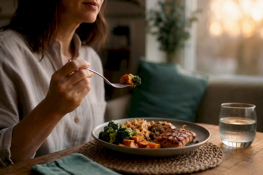 Small bite on fork over mixed plate of food
