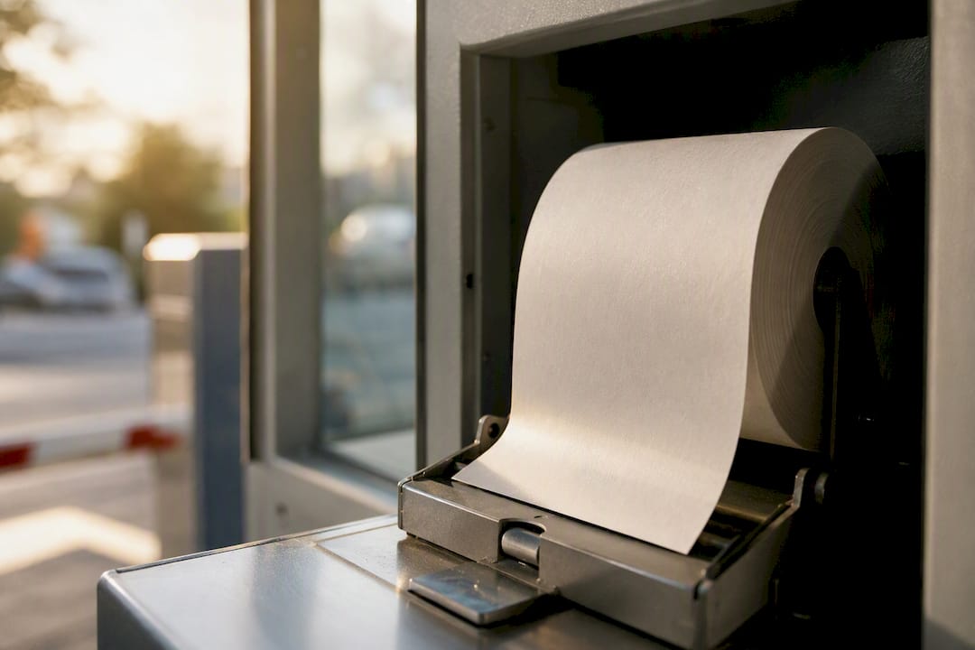 Thermal parking ticket roll in dispenser
