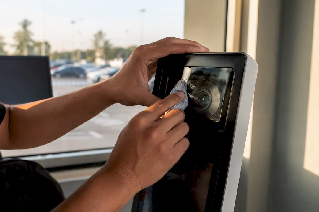 Technician cleaning parking gate scanner lens