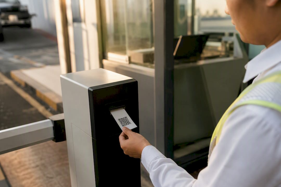 Attendant inserting QR code parking ticket into scanner