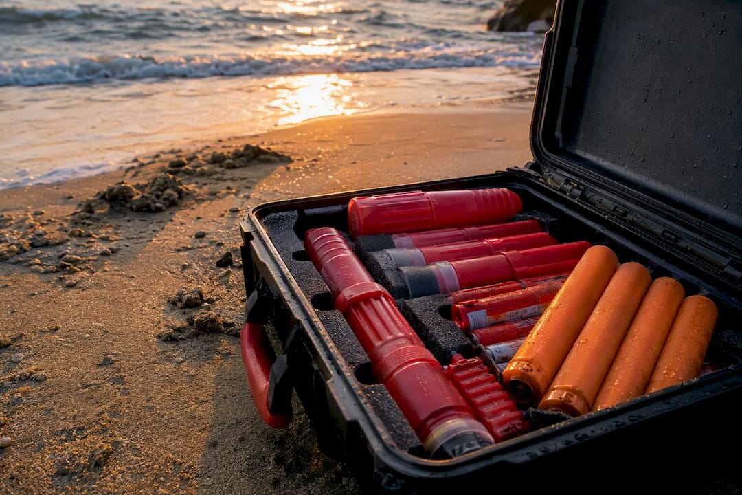 Marine flare kit with red flares and orange smoke sticks