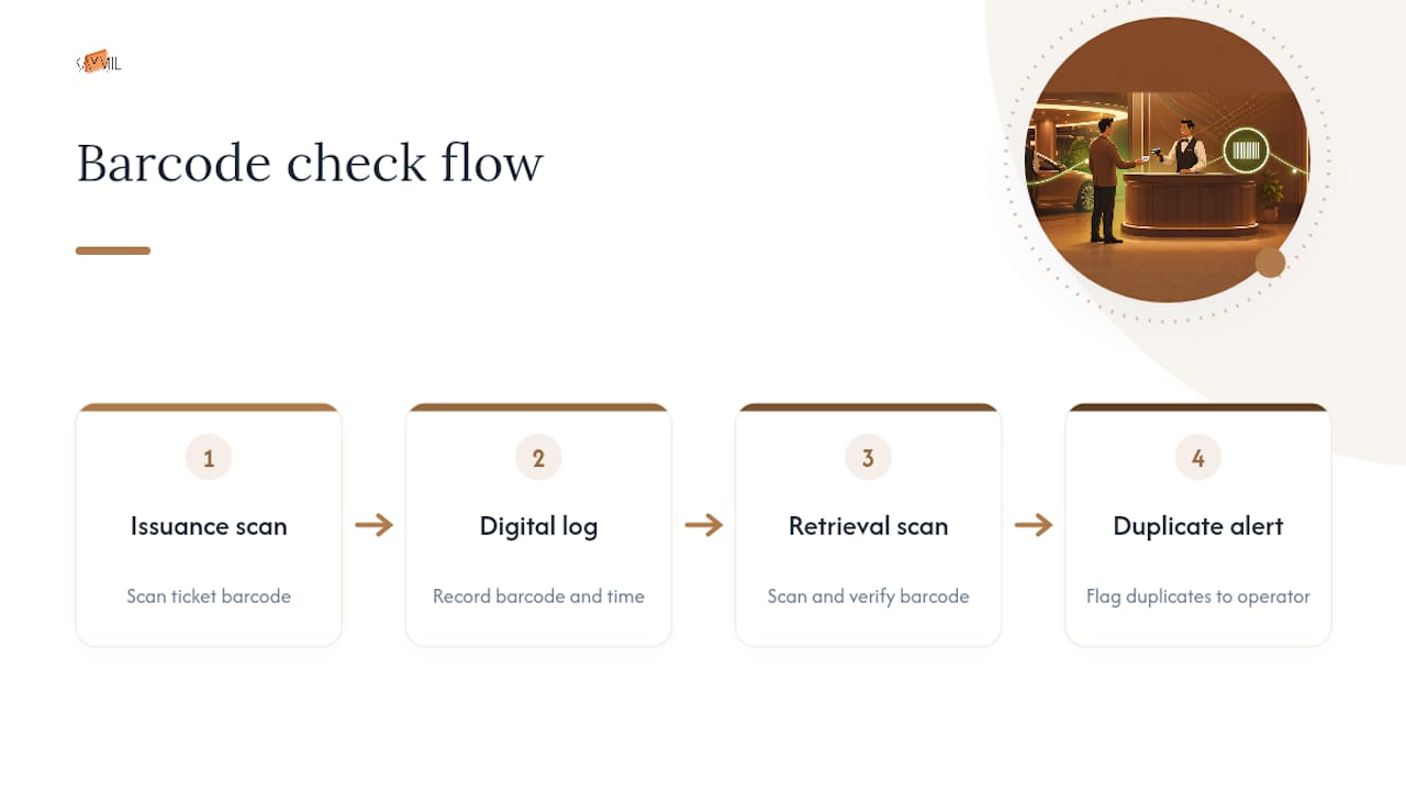 Diagram of barcoding process preventing valet ticket fraud