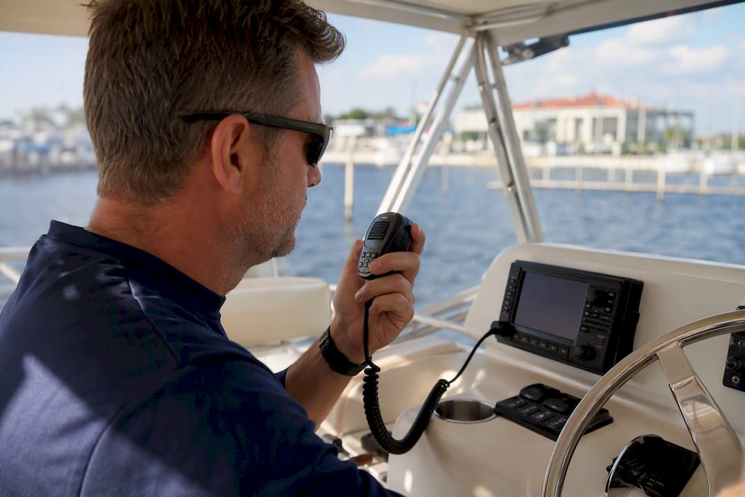 Boater monitoring VHF radio on boat console