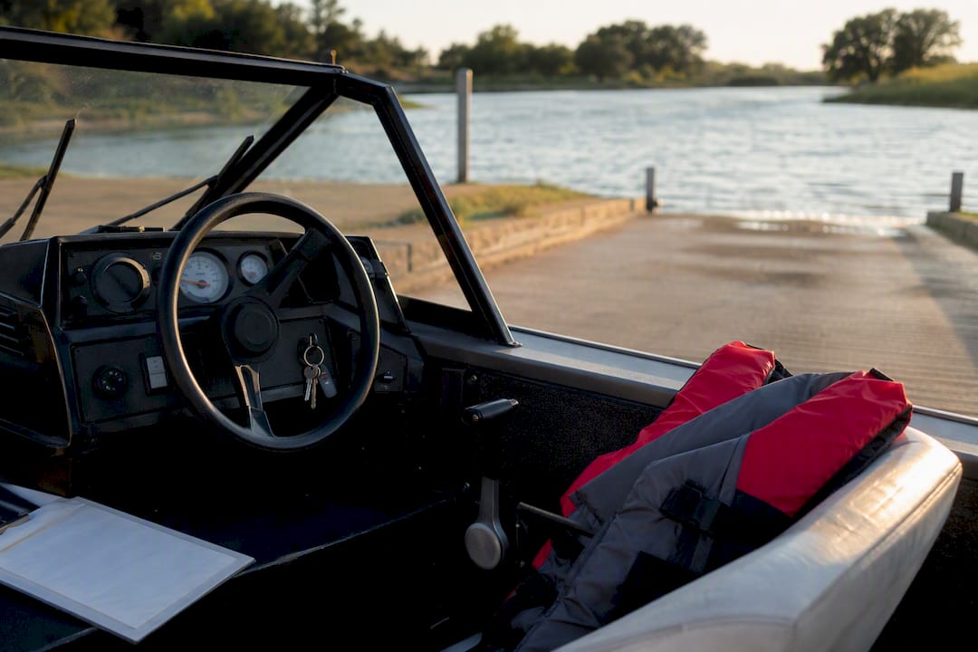 Boat dashboard with Texas boater certificate and keys