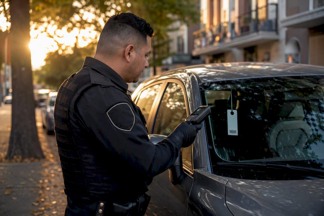 Officer scanning barcode on visitor parking hang tag