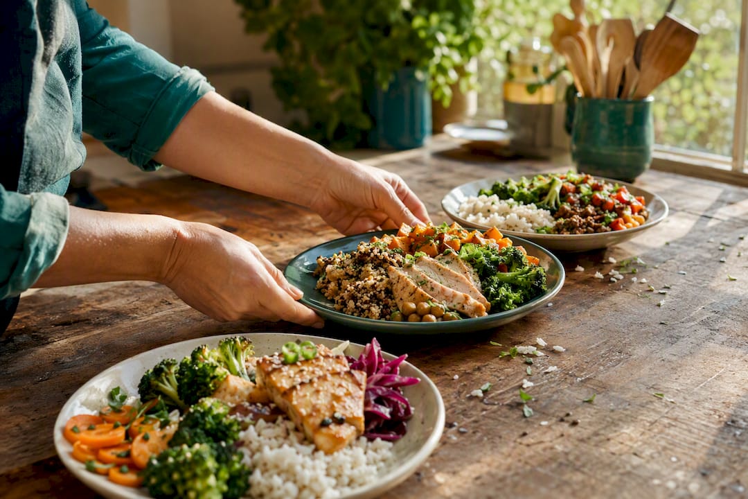 Hands placing balanced meals for meal prep