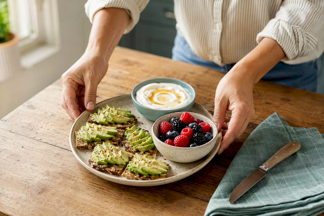 Hands preparing high-protein snack plate