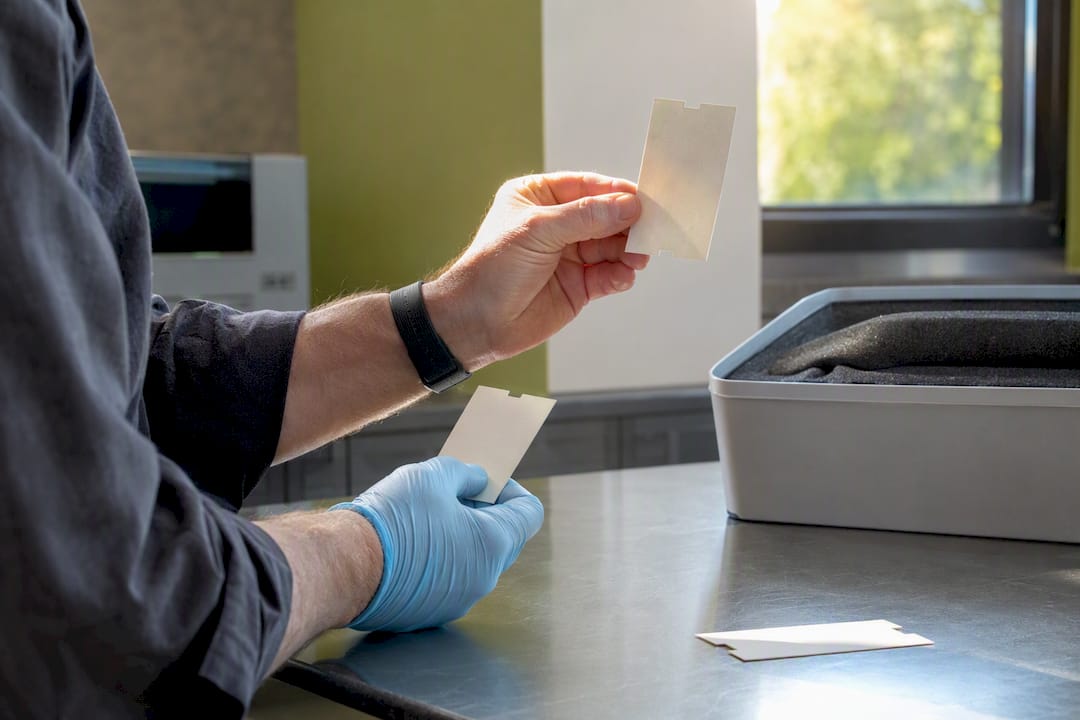 Technician testing thermal ticket samples under different conditions