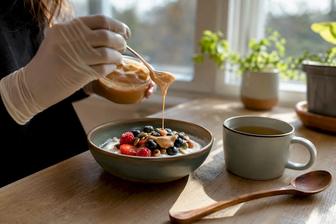 Greek yogurt bowl topped with almond butter and seeds