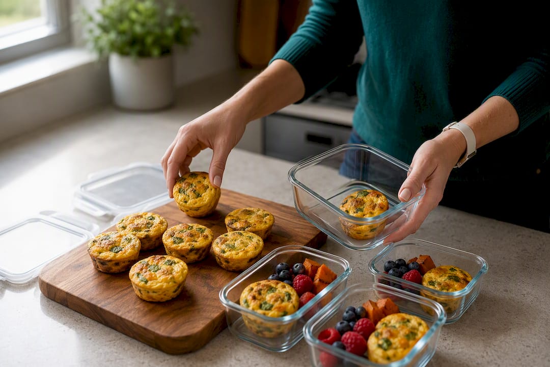 Batch of baked egg muffins on cooling rack and prepping containers
