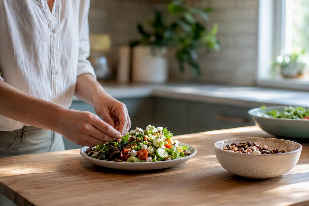 Hands preparing a healthy meal plate