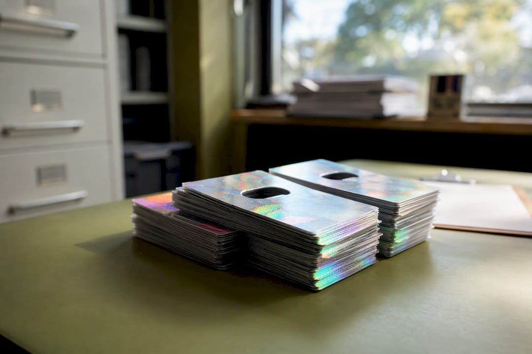 Close-up of hologram parking permit on desk near vehicle windshield