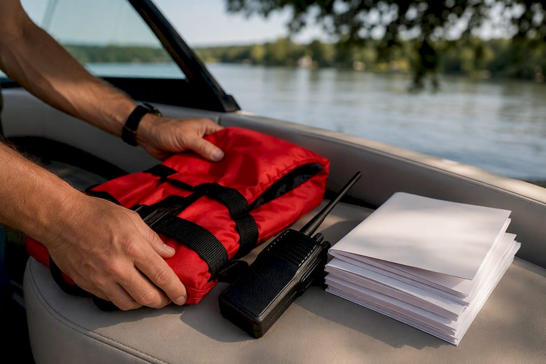 Hands arranging boating safety gear on boat seat